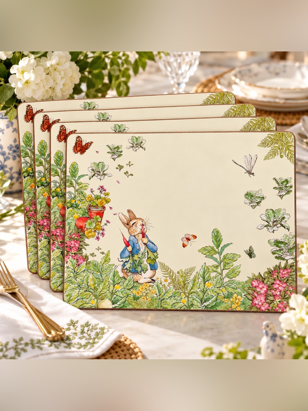 Pottery Barn Peter Rabbit Garden Cork Placemats Set of 4 Easter Discontinued NWT